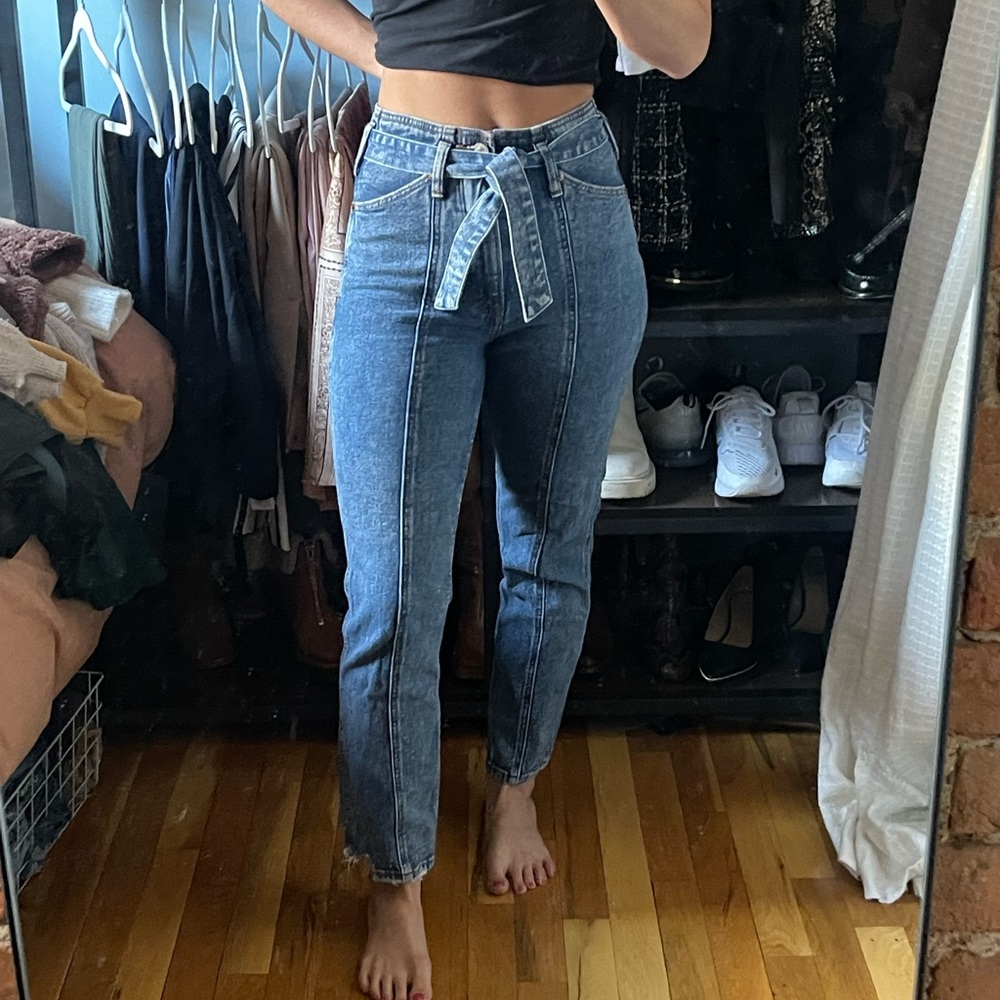 High Waisted Blue Jeans with Tie Belt